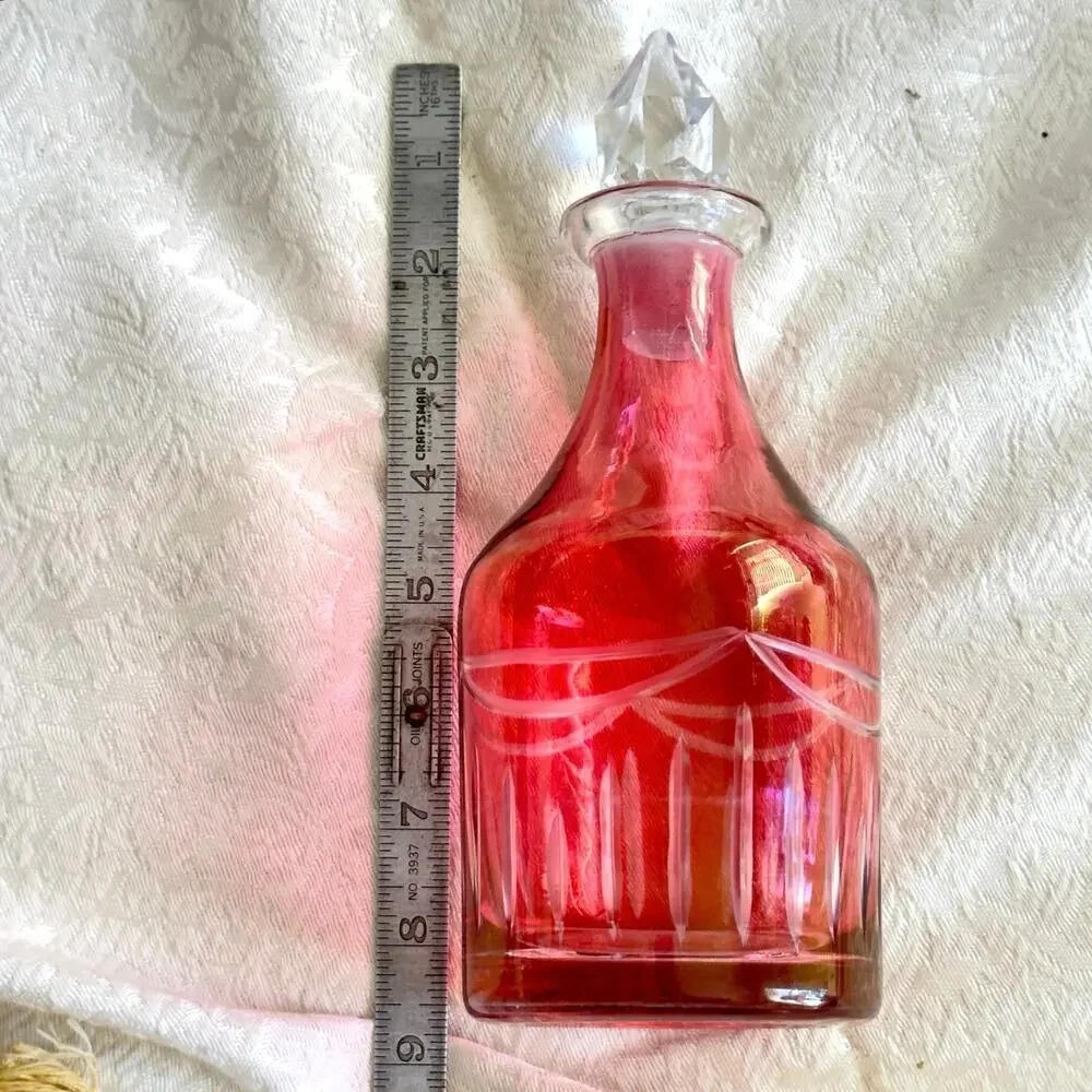 8.5” Vintage Bohemian Cut Pink Cranberry Crystal Glass Genie Decanter Bottle